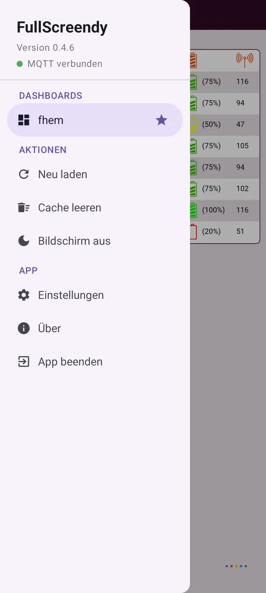 Menü mit Dashboards und Aktionen